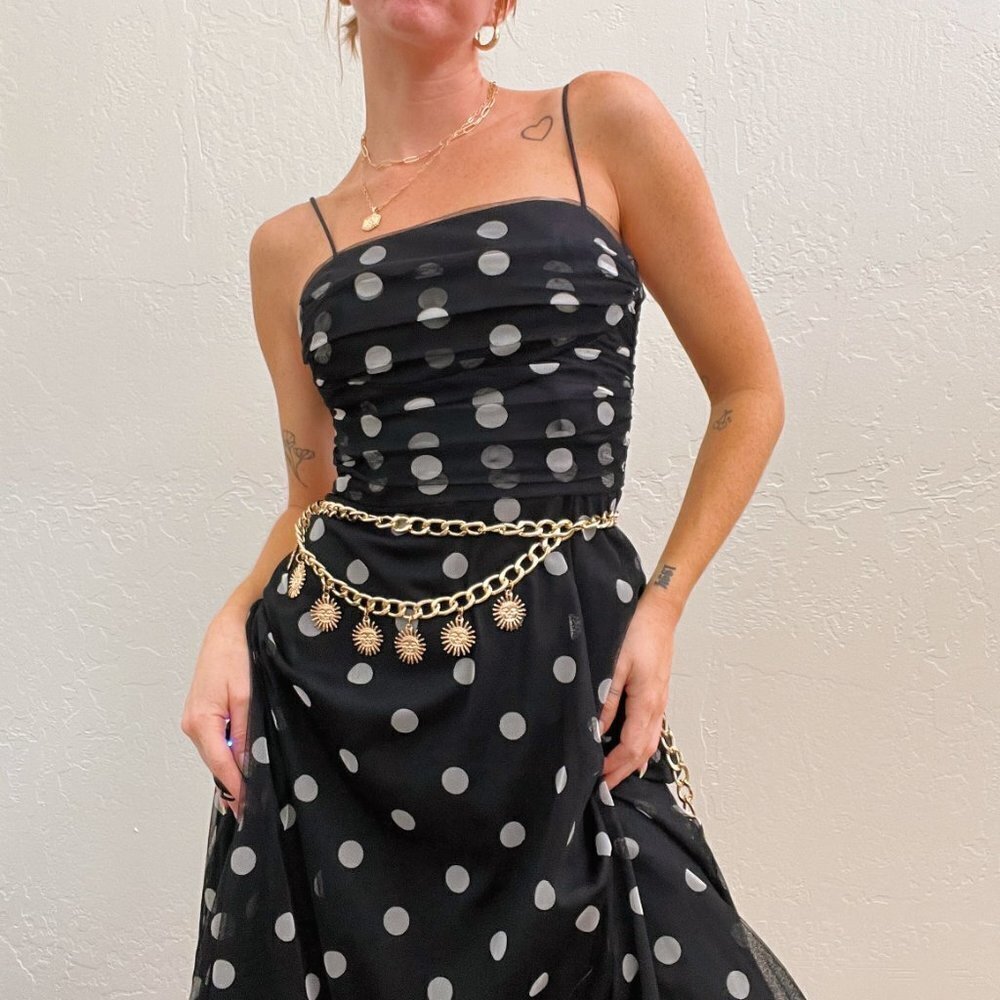 Vintage 90s/Y2K Eliza J Black Polka Dot Ruched Chiffon Fit Flare Midi Dress - Picture 2 of 12